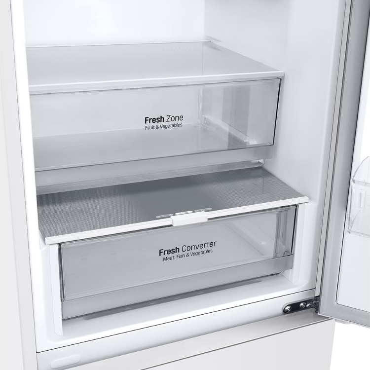 LG fridge freezer drawers, white, Fresh Zone and Fresh Converter compartments.