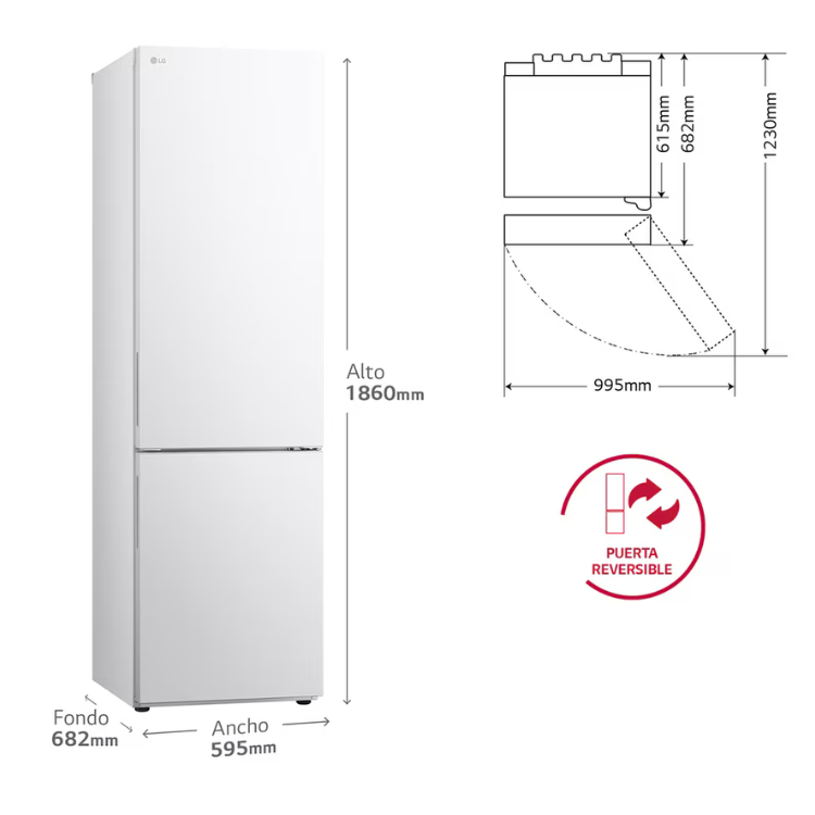 LG white 344L combi fridge, 1860mm tall, reversible doors.