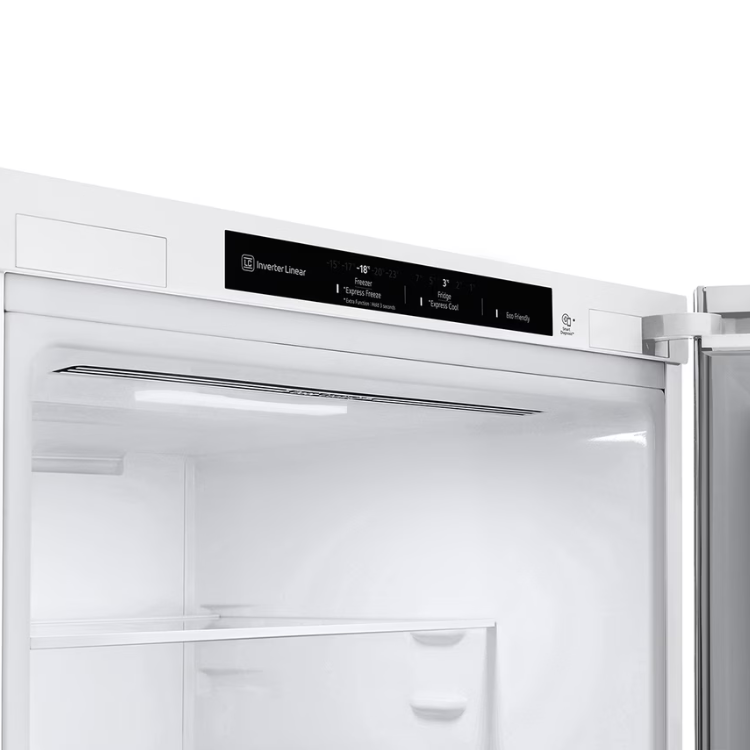 LG GBV21NCDSW white double-door refrigerator control panel and open fridge door interior.