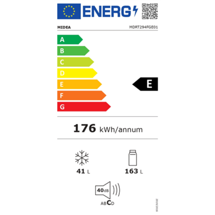 Etiqueta energética do frigorífico Midea MDRT294FGE01, classe E, 176 kWh/ano, capacidade de congelador 41L e frigorífico 163L.