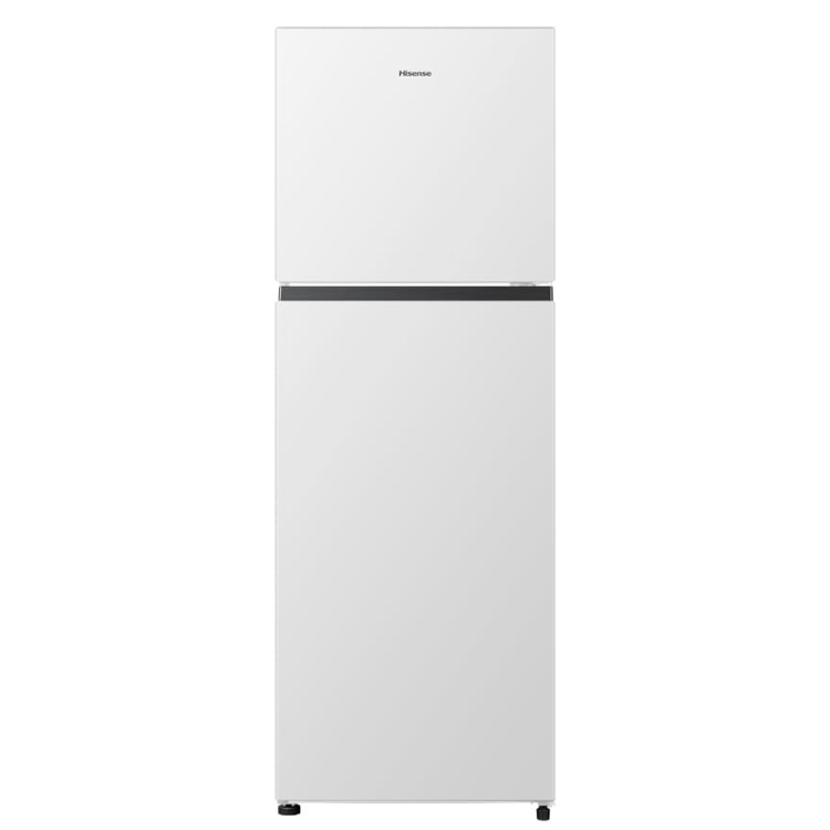 Hisense 325L white double door refrigerator, top freezer, black trim.
