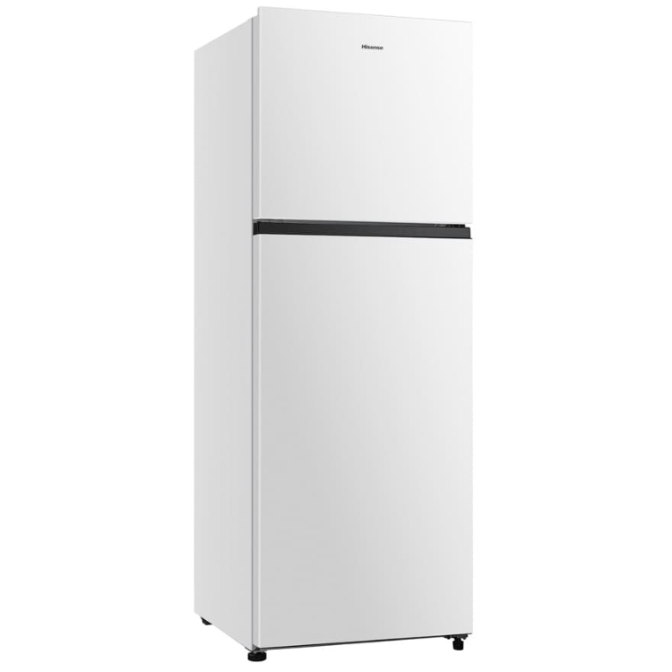 Hisense white 2-door fridge, 325L, top freezer, black trim.