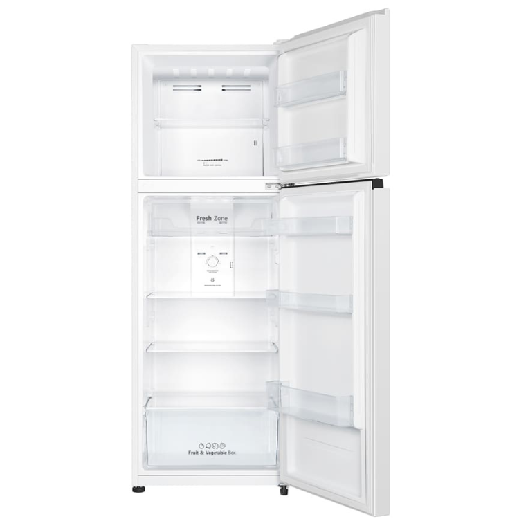 Hisense 325L white double door fridge, open, empty interior visible.