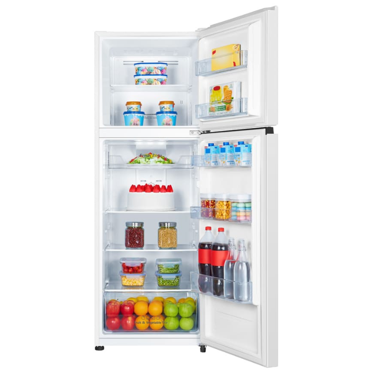 Hisense 325L white double-door fridge with various food and drinks inside.