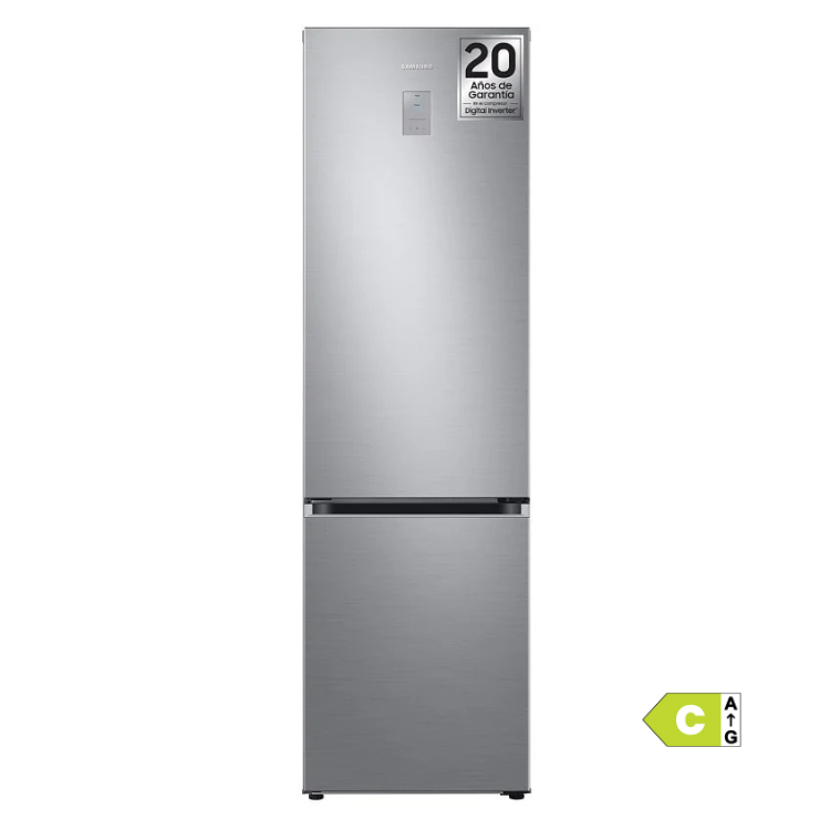 Samsung RB38C776CS9/EF 390L inox fridge-freezer, silver finish, 20-year warranty sticker.