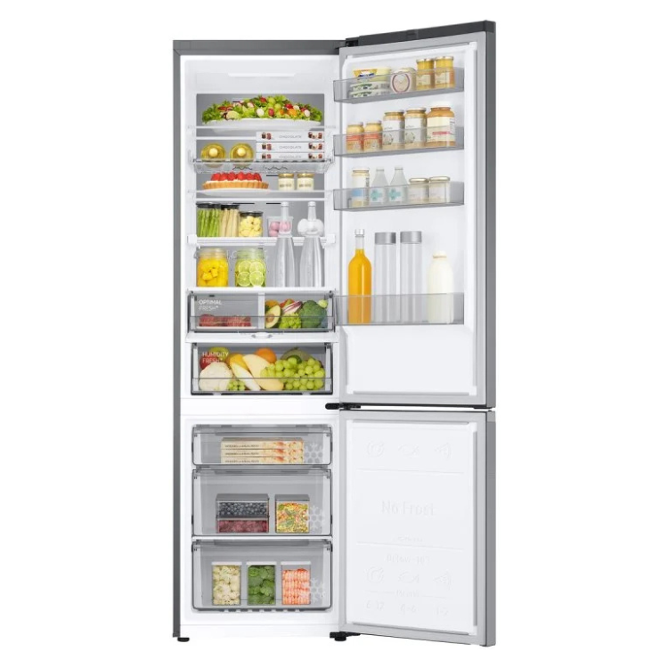 Samsung RB38C776CS9/EF inox fridge, 390L, open doors showing organized contents.