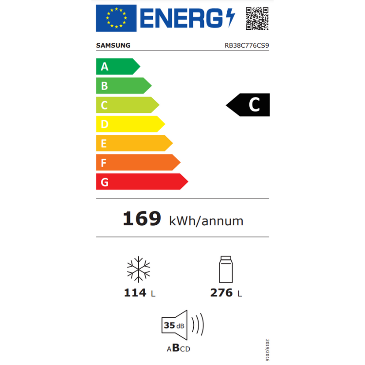 Samsung fridge energy label, C rating, 169 kWh/annum, 114L freezer, 276L fridge, 35dB.