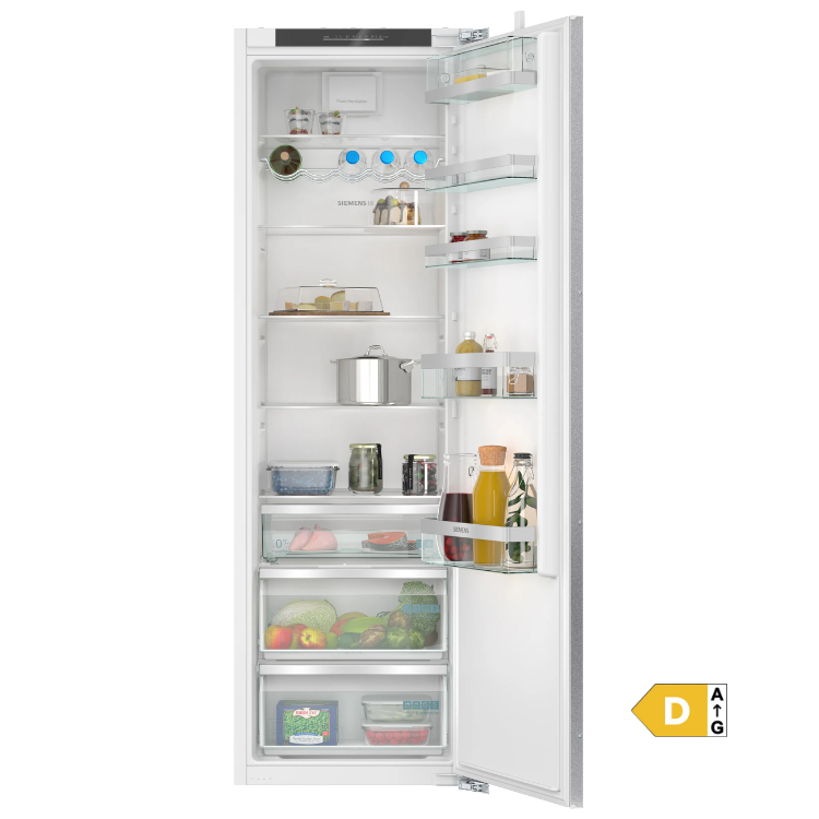 Siemens KI81RADD0 310L white built-in fridge, open door, showing interior with food and shelves, energy class D.