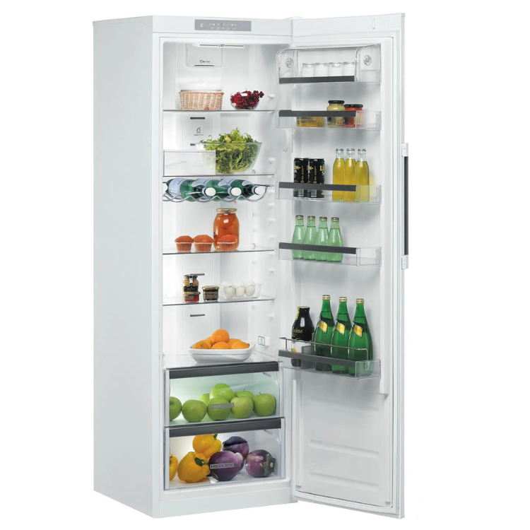 Frigorífico Whirlpool SW8AM2YWR2 364L Branco, porta aberta mostrando alimentos e bebidas no interior.