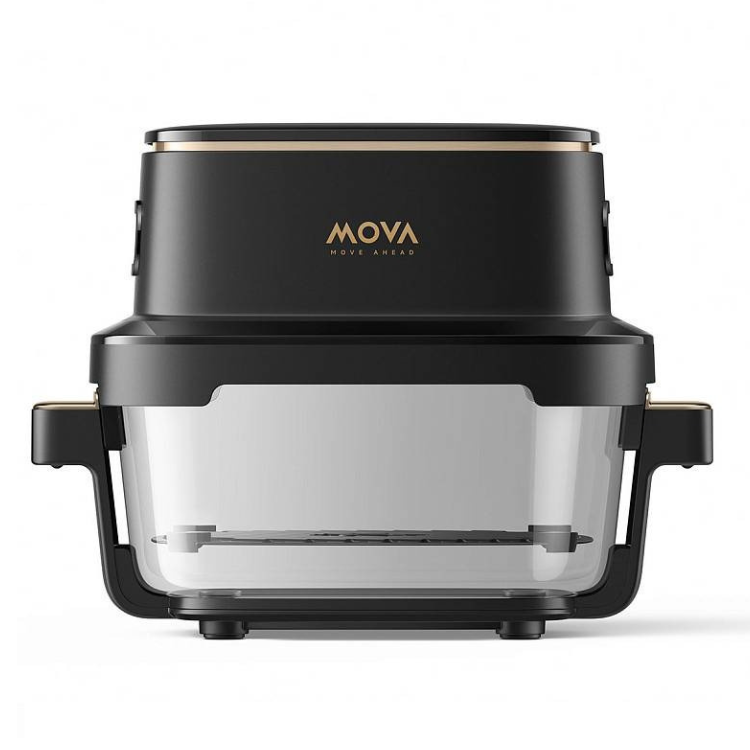 Black MOVA Air Fryer, oil-free cooking, 8-in-1, gold accents.