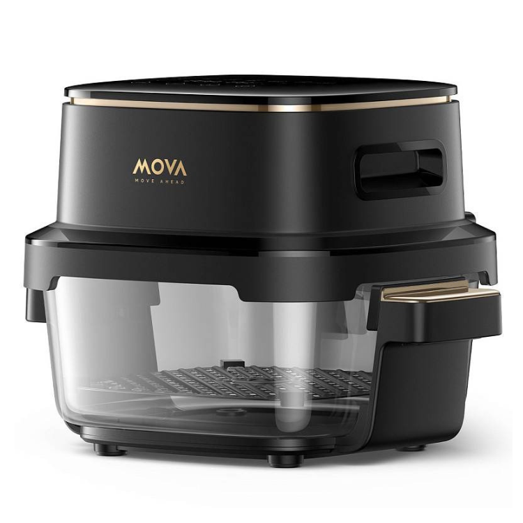 Black MOVA air fryer with gold accents and transparent basket.