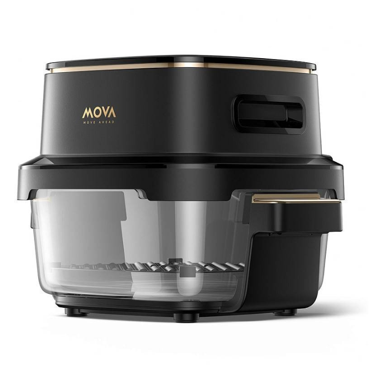 Black MOVA Air Fryer, 2-tone design with gold accents, clear basket, and 8-in-1 functionality.