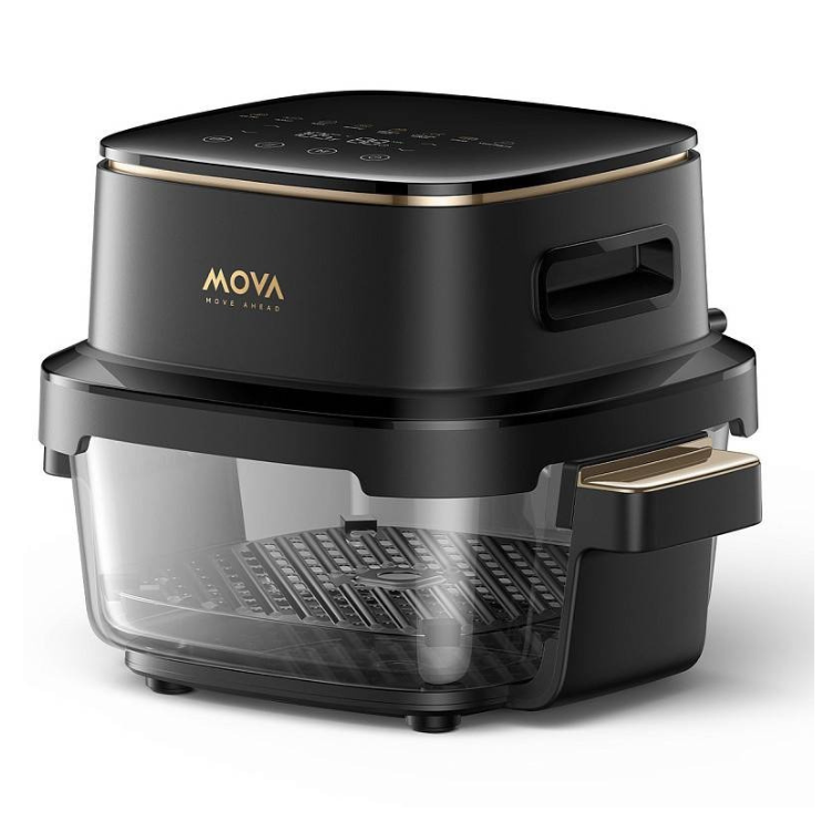 Black MOVA air fryer with gold accents, clear basket, and control panel on top.