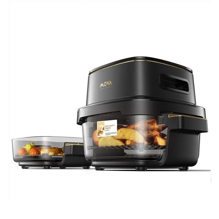 Black MOVA Air Fryer, 2 baskets, gold accents, food inside, 8-in-1 model.