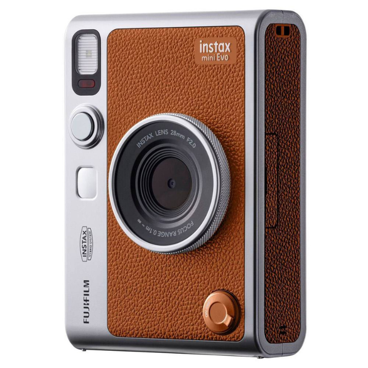 Fujifilm Instax Mini EVO brown instant camera with silver trim