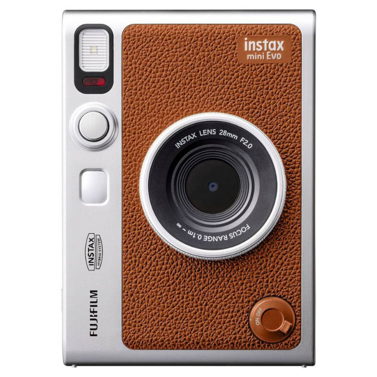 Fujifilm Instax Mini EVO brown instant camera with silver trim and lens.