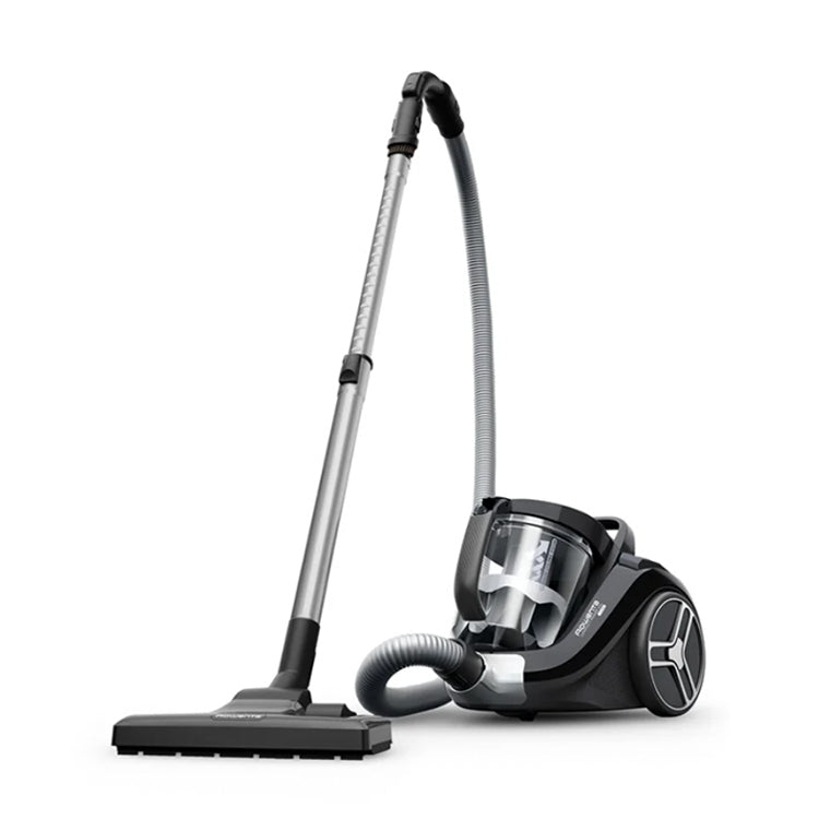 Aspirador sem saco Rowenta Silence 550W, cinzento e preto, com cabo e bocal.