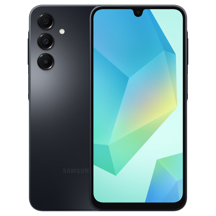 Samsung Galaxy A16 preto, smartphone com três câmeras e ecrã colorido.