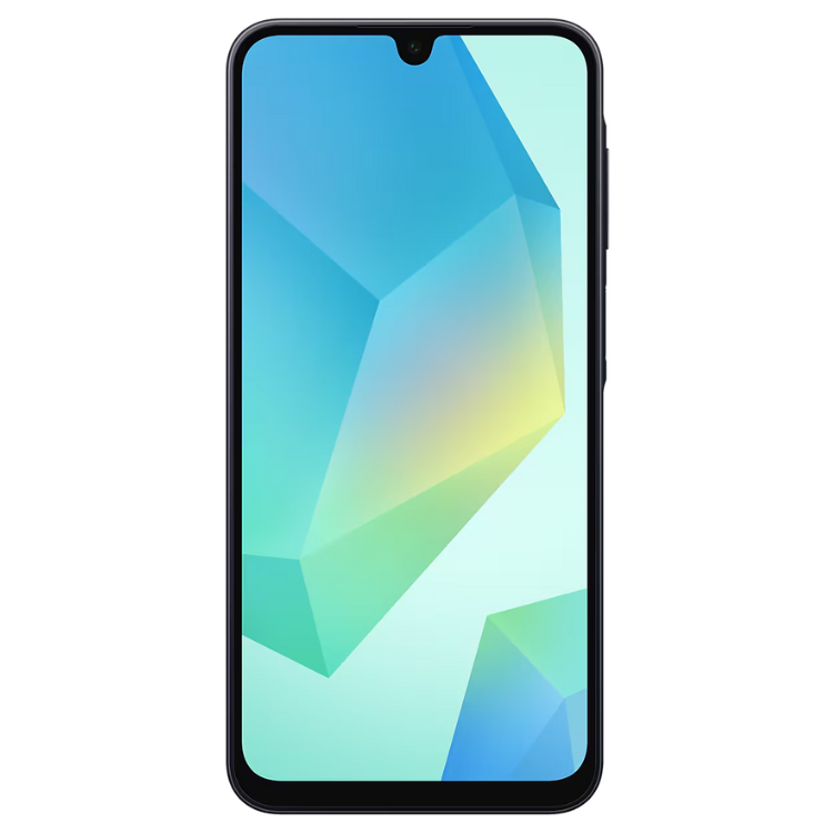 Samsung Galaxy A16, smartphone preto com ecrã colorido.