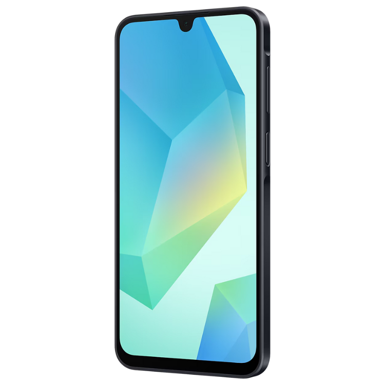 Smartphone Samsung Galaxy A16 preto com ecrã colorido.