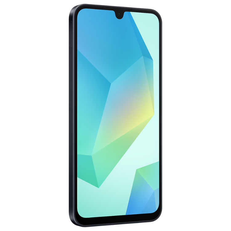Samsung Galaxy A16 smartphone preto com ecrã colorido.