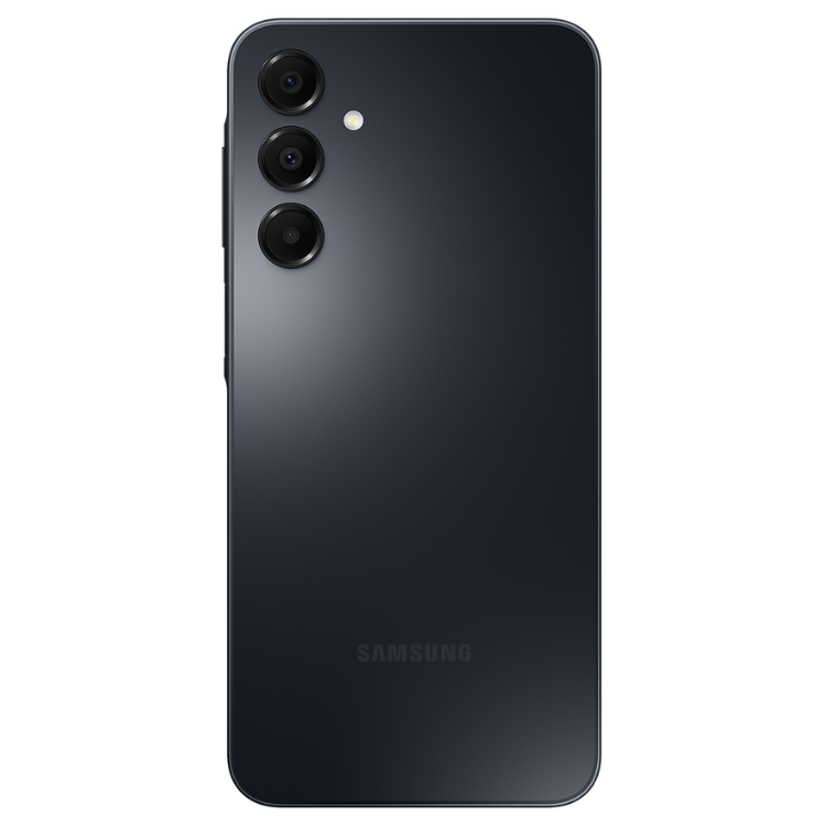 Samsung Galaxy A16, smartphone preto com três câmeras traseiras.