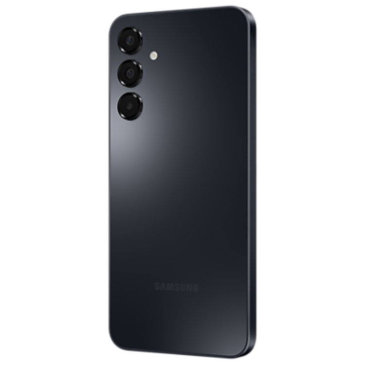 Samsung Galaxy A16, smartphone preto com três câmeras na parte traseira.