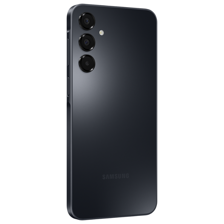 Samsung Galaxy A16 preto, vista traseira com três câmeras e logotipo da marca.