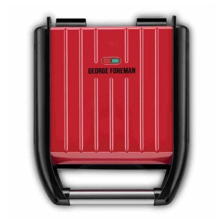 Red George Foreman electric grill, compact, with black trim and handle, power button on top.