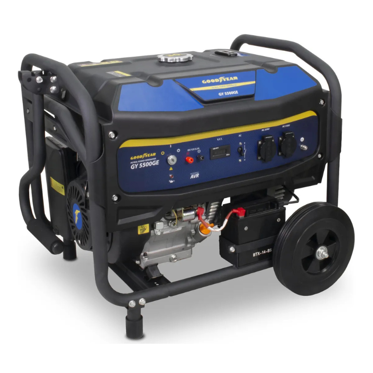Goodyear GY5500GE portable generator, blue and black, 5.5 kW, with control panel and wheel.