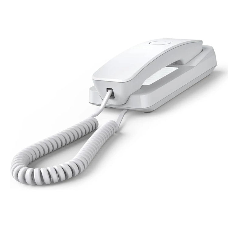 Telefone Gigaset Desk 200 branco, com auricular e base, e cabo espiral.