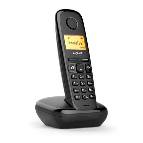 Telefone Gigaset A270 preto, com ecrã e teclado, em carregador.