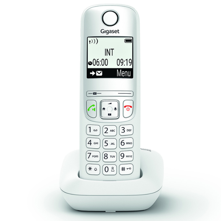 Telefone Gigaset A690 branco, com ecrã e teclado.