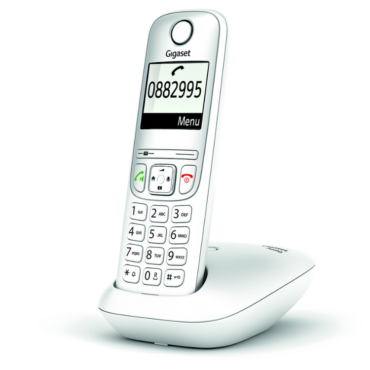 Telefone Gigaset A690 branco, com ecrã e teclado, em carregador.