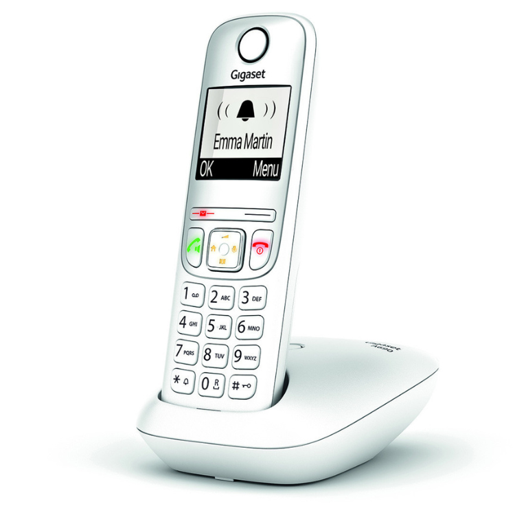 Telefone Gigaset A690 branco, com ecrã e teclado, em carregador.