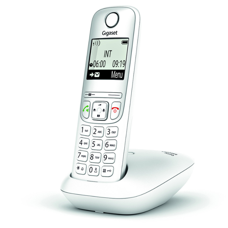 Telefone Gigaset A690 branco, com ecrã e teclado, em carregador.