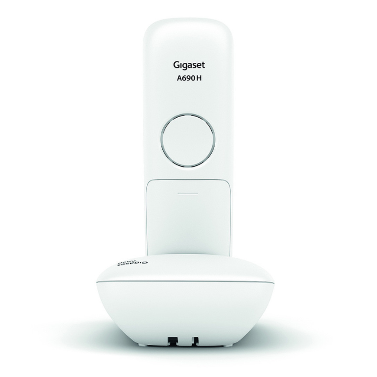 Telefone Gigaset A690 branco, com design sem fios e teclado simples.