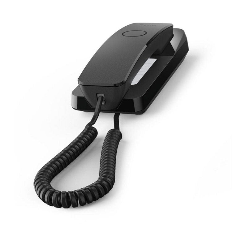 Telefone Gigaset Desk 200 preto, com cordão espiral.
