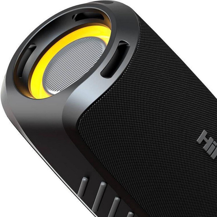 Black portable speaker, HiFuture Gravity 45W, with yellow accent and gray buttons.