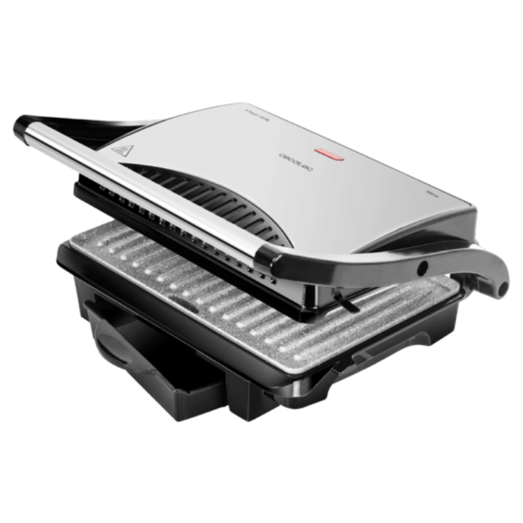 Cecotec Rockn Grill 1000W electric contact grill, silver and black, open showing grill plates.