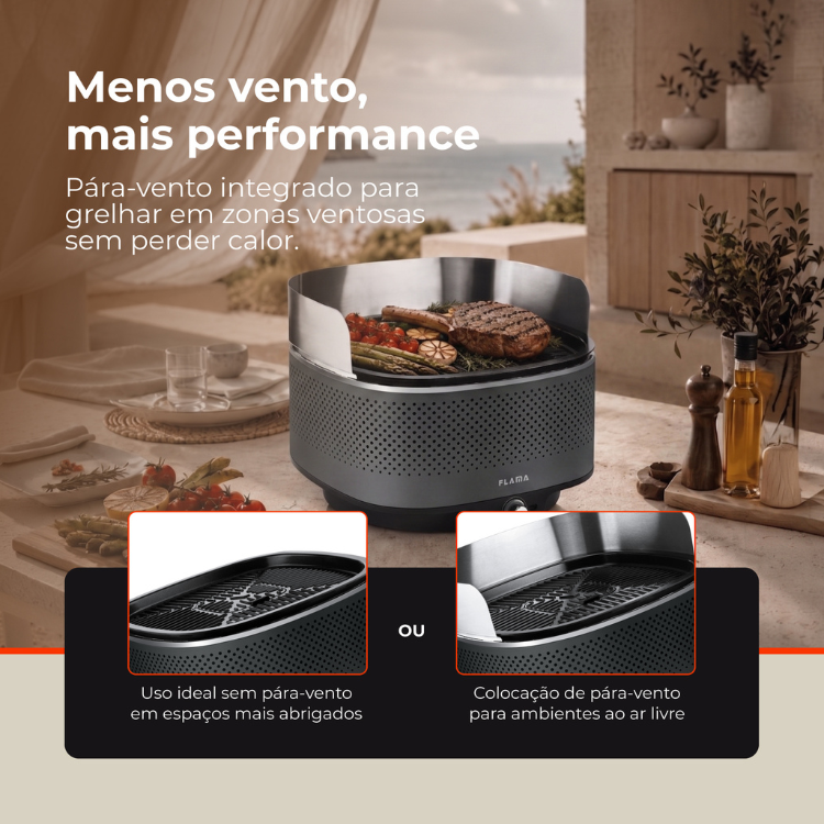 Grelhador a carvão Flama Mastergrill EVO 4011FL preto com alimentos grelhados.