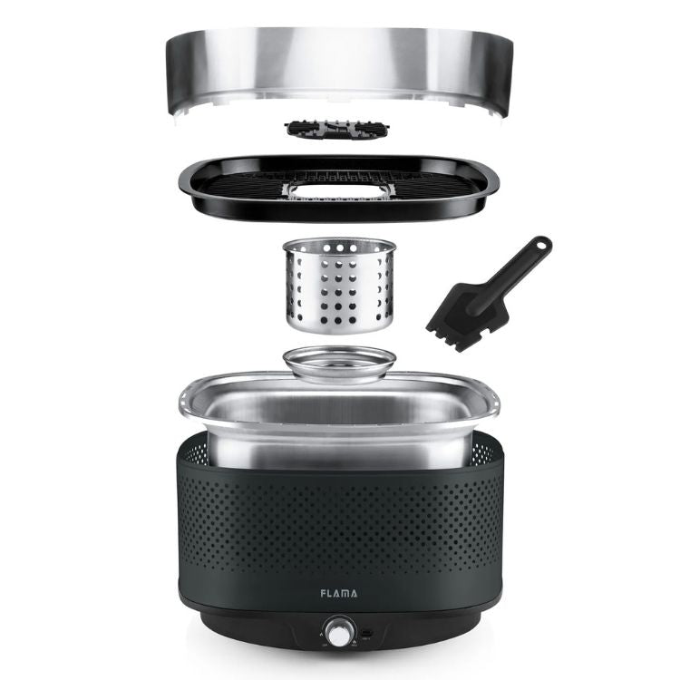 Grelhador a carvão Flama Mastergrill EVO 4011FL preto desmontado, mostrando componentes como base, grelha e acessórios.