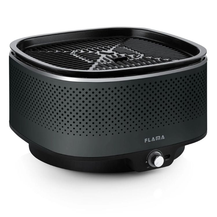 Grelhador a carvão Flama Mastergrill EVO 4011FL preto com grelha e controlo de temperatura.