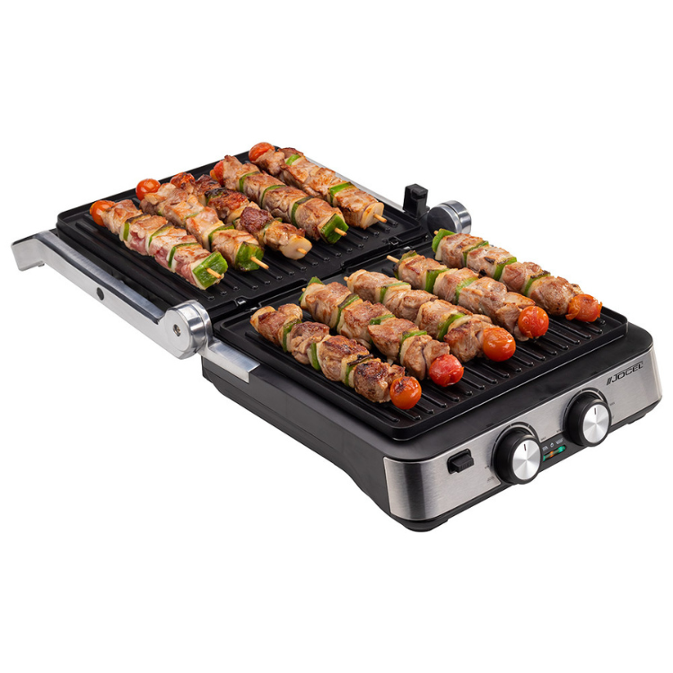 Black electric grill with skewers of meat and vegetables, Jocel brand, 2000W.