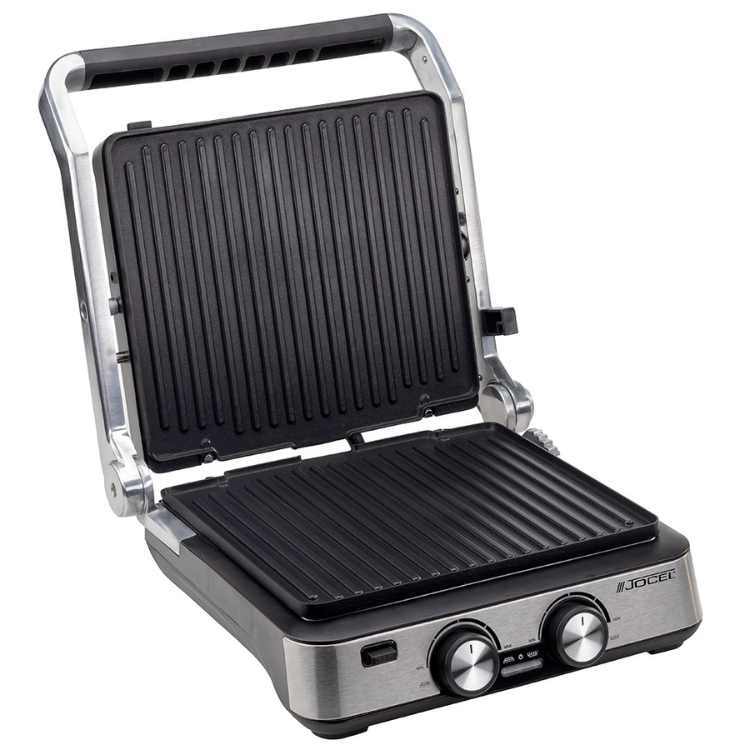 Black Jocel panini press grill, open, 2000W, silver accents, two dials.