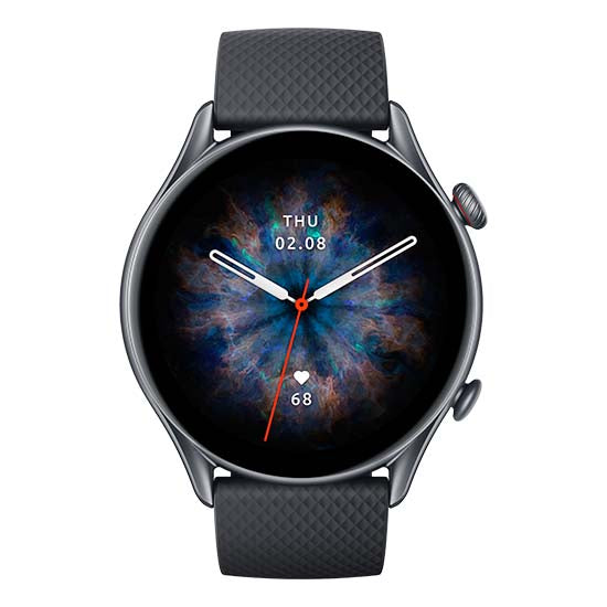 Smartwatch Amazfit GTR 3 Pro preto com pulseira preta e ecrã de 1.45 polegadas a mostrar o dia e a hora.