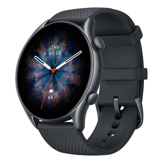 Smartwatch Amazfit GTR 3 Pro preto com ecrã de 1.45 polegadas e pulseira preta.