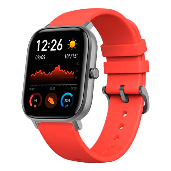 Smartwatch Amazfit GTS laranja com ecrã de 1.65 polegadas e pulseira de silicone laranja.