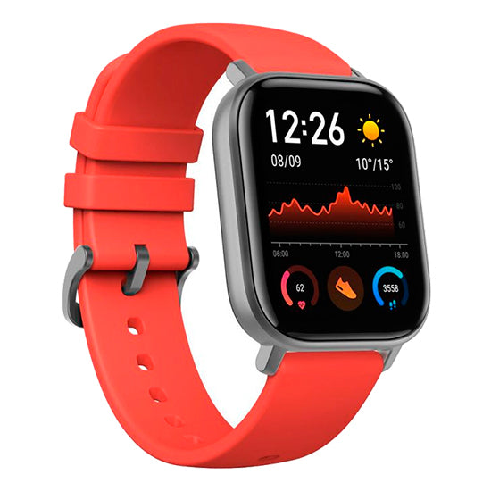 Smartwatch Amazfit GTS, laranja, com ecrã de 1.65 polegadas e pulseira de silicone.