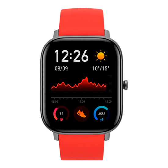 Smartwatch Amazfit GTS laranja com ecrã preto mostrando o horário 12:26, data e diversos gráficos de atividade física.